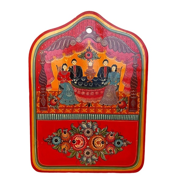 Vintage Hand Painted Norway Rosemaling Oil Painting On Wood Panel Folk Art